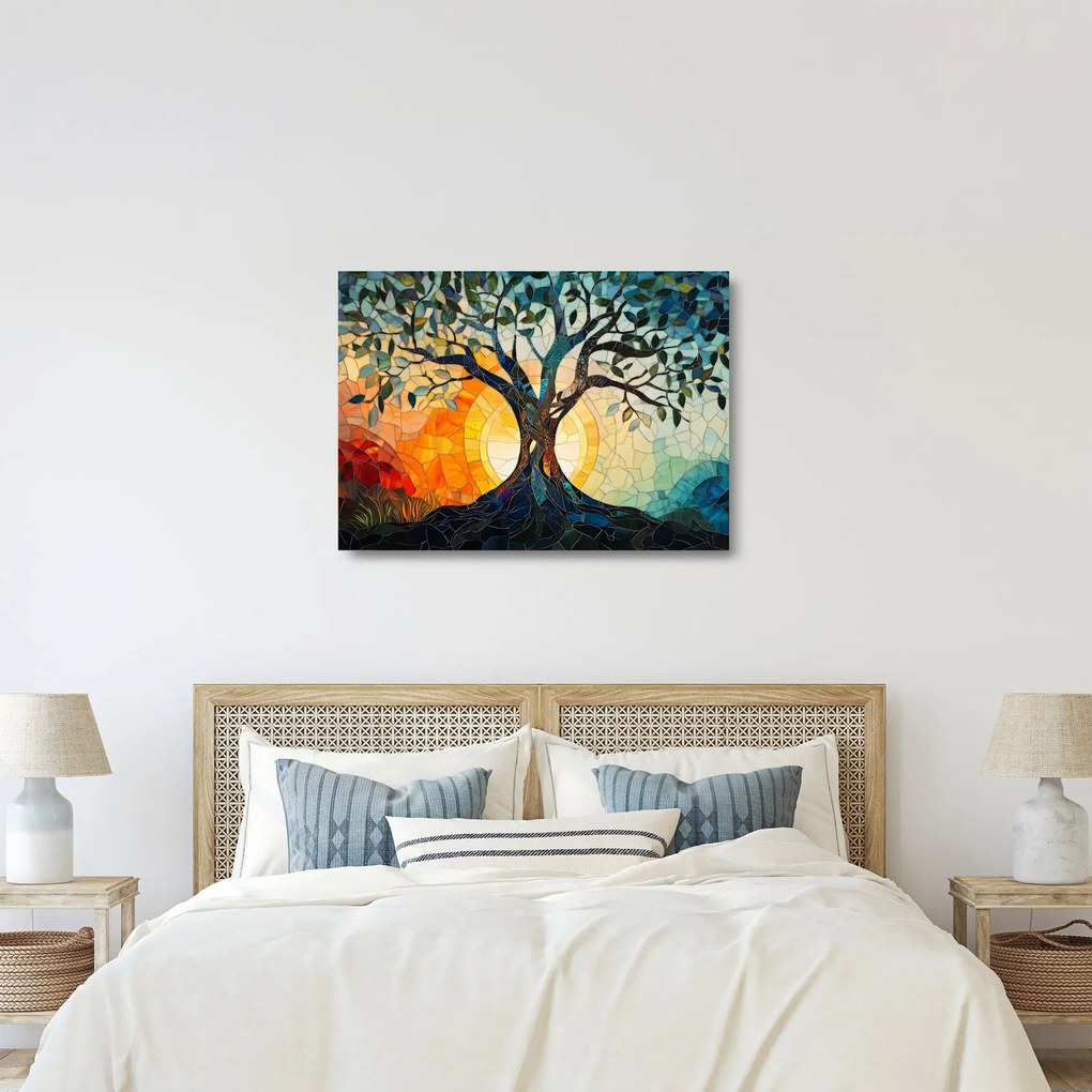 Sklenený obraz – Mozaika – slnko a strom I. (70x50 cm)