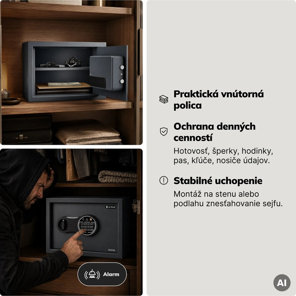 Malý domáci trezor, elektronický zámok na kód, na peniaze a dokumenty, 350x250x250 mm: DORIAN