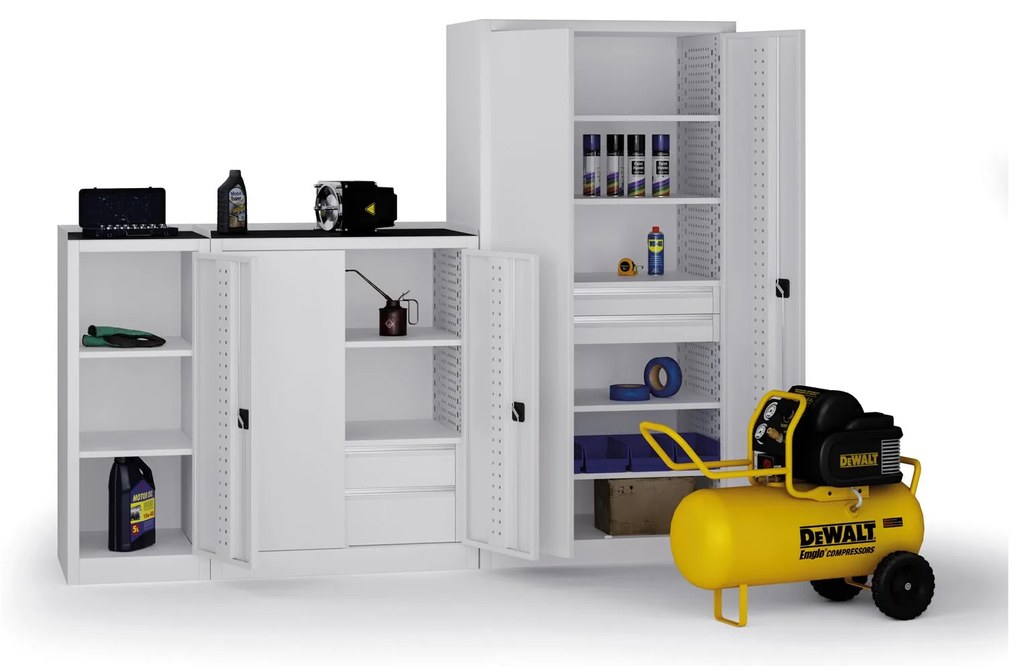 Dielenská zásuvková skriňa na náradie KOVOS, 3 police, 7 zásuviek, perforovaná, 950 x 600 x 1950 mm, sivá