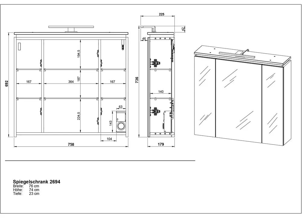 Antracitovosivá kúpeľňová skrinka so zrkadlom a osvetlením 76x74 cm Modesto - Germania