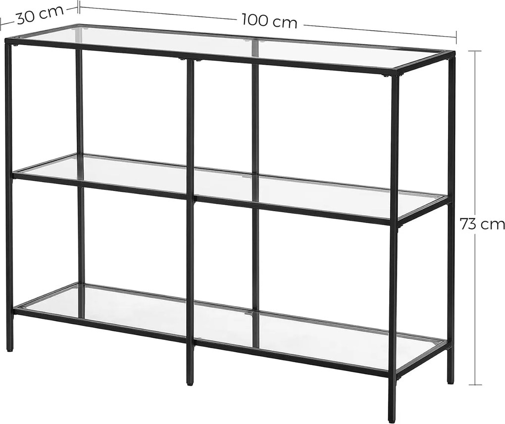 Sklenený konzolový stolík s 3 policami, oceľový rám, čierny
