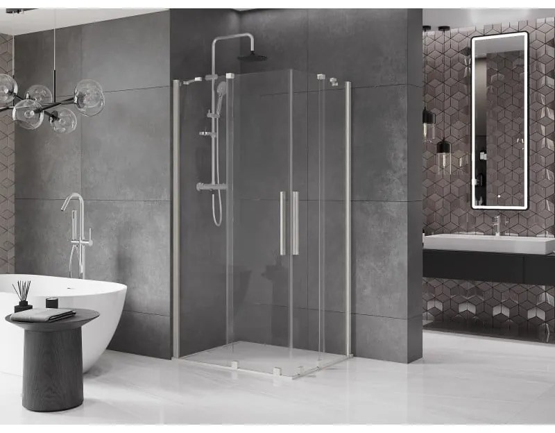Mexen Velar Duo, sprchový kút s posuvnými dverami 90 x 80 cm, 8mm číre sklo, brúsená oceľ, 871-090-080-02-97