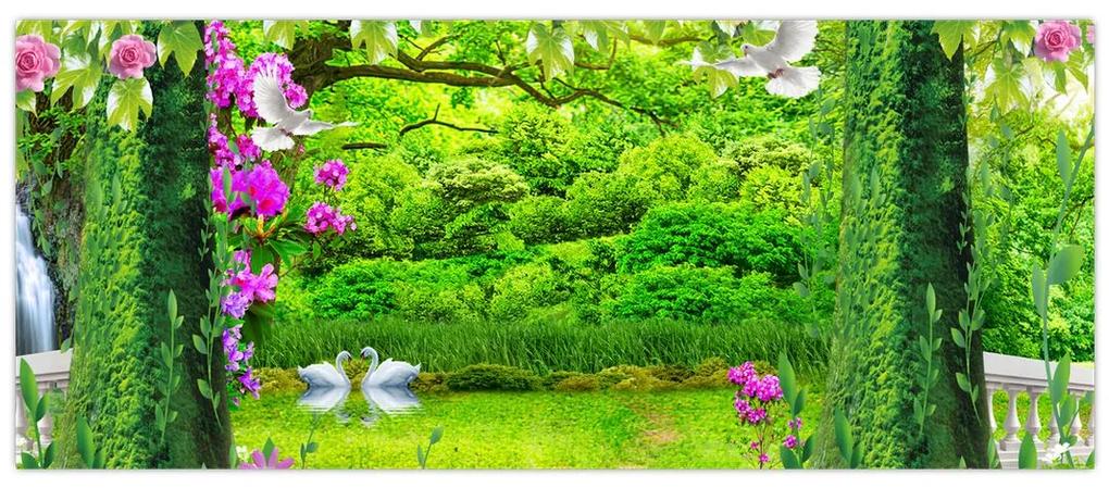 Obraz - Čarovná záhrada s labuťami (120x50 cm)