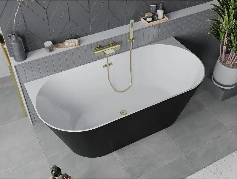 Mexen Oval Slim, voľne stojaca vaňa ku stene, 170 x 80 cm, biela-čierna, zlatý lesklý prepad, 52661708075-50