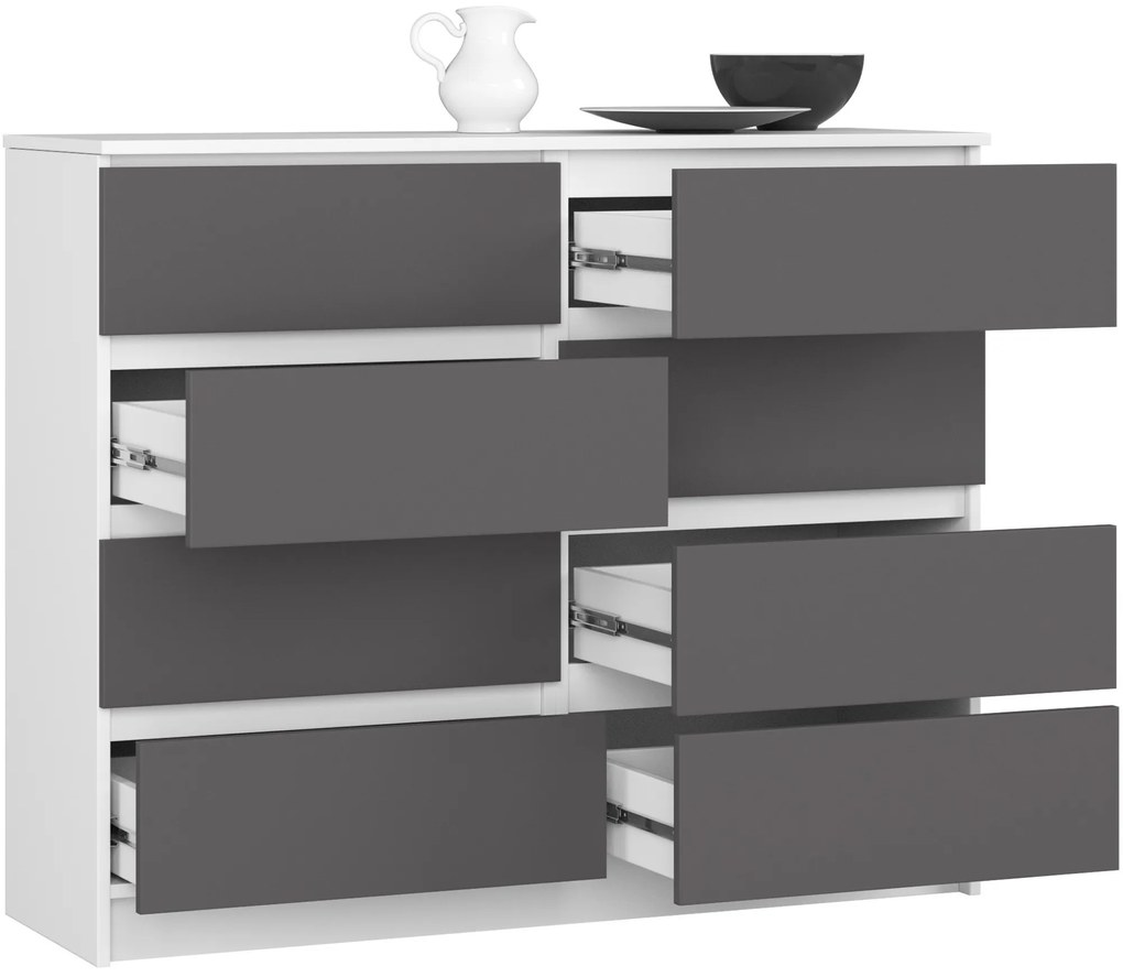Komoda Kuba 120 cm 8 zásuviek biela/grafitová