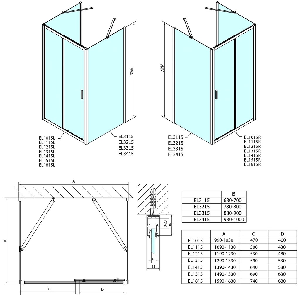 Polysan, EASY LINE sprchový kout tri steny 1000x1000mm, L/P varianta, číre sklo, EL1015EL3415EL3415