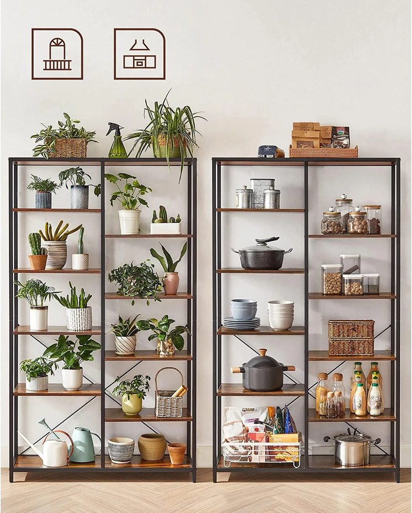 Úložný regál s oceľovým rámom 5-úrovňový, knižnica, rustikálny hnedý