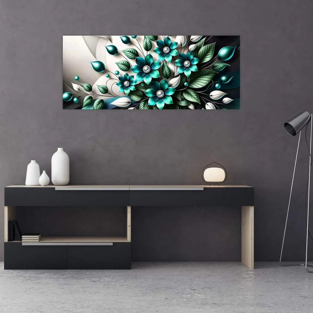 Obraz - 3D tyrkysové kvety (120x50 cm)