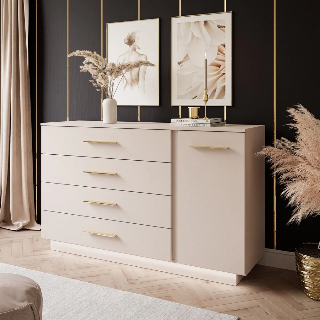 KOMODA MARION III KAŠMÍR ZLATÉ ÚCHYTKY LED 140 cm