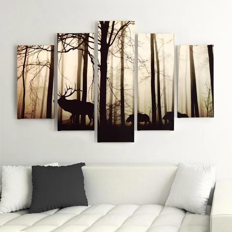 Obraz na plátně pětidílný Jelen v lese Fog Brown - 200x100 cm