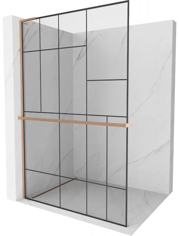 Mexen Kioto+ L, sprchová zástena Walk-In s poličkou a vešiakom 90 x 200 cm, 8mm číre sklo čierny vzor, medený matný profil, 800-090-123-65-78