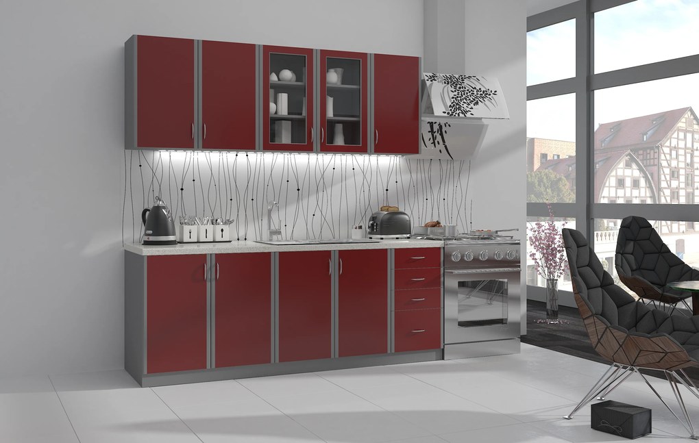 Kuchyňa Elissa 200 cm (sivá platinová + bordová). Vlastná spoľahlivá doprava až k Vám domov. 1018257