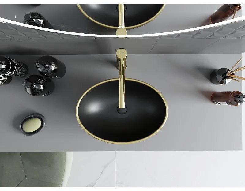 Mexen Elza, keramické umývadlo na dosku 405 x 330 mm, čierna matná-zlatý okraj, 21014025