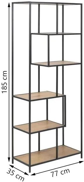 Asymetrická knižnica SERENA 77x185 cm dubové drevo, kovový rám