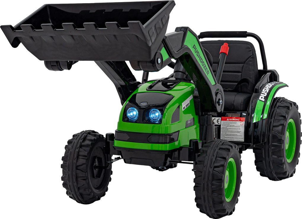 Ramiz Detský traktor na batérie Zelený + pohyblivé rameno s lyžicou + diaľkové ovládanie + pomalý štart + FM rádio + LED