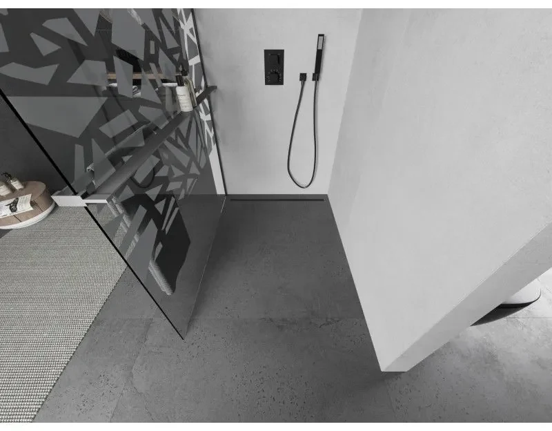 Mexen Kioto+ L, sprchová zástena Walk-In s poličkou a vešiakom 70 x 200 cm, 8mm číre sklo biely vzor, grafitový profil, 800-070-123-95-85