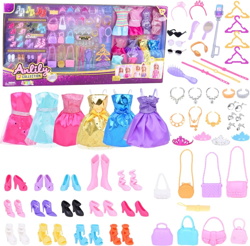 LEAN Toys Veľká módna súprava Anlily – šaty a doplnky pre bábiky, 65 ks