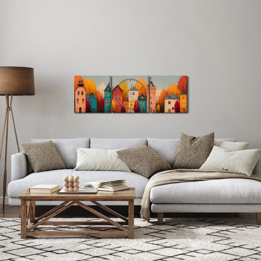 Obraz - Jesenná dedina (s hodinami) (90x30 cm)