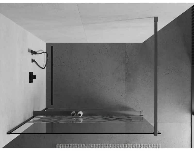 Mexen Kioto+, sprchová zástena Walk-In s poličkou a vešiakom 70 x 200 cm, 8mm číre sklo biely vzor, grafitový profil, 800-070-121-66-85