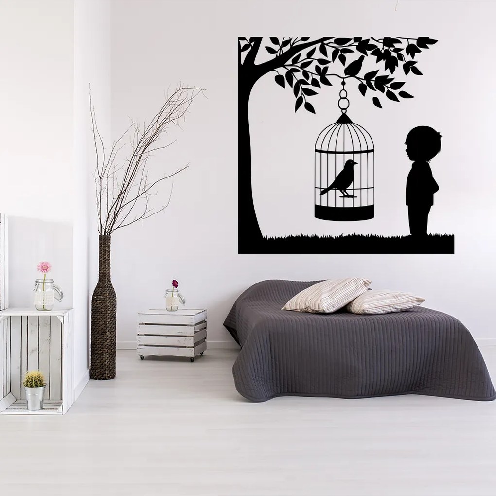 Veselá Stena Samolepka Vtáčik v klietke na strome Farba: žltá, Veľkosť: 60 x 60 cm