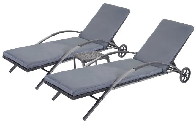 Set 2 záhradných lehátok HWC-E27, polyratan, čierne vankúše - tmavo sivá