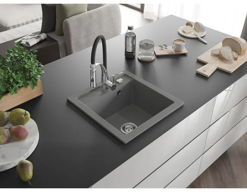 Mexen Vito, 1-komorový granitový drez 490x520x210 mm a drezová batéria Aster, šedá, 6503-71-73450-07