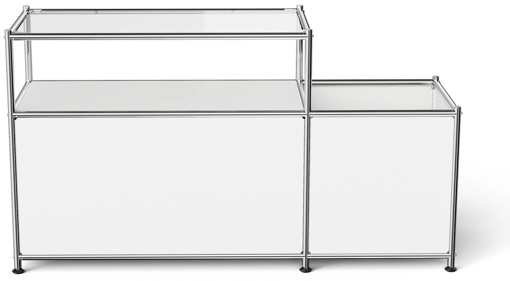 Kovová nízka skrinka »CN3« s výklopným priečinkom a sklenenou doskou, biela