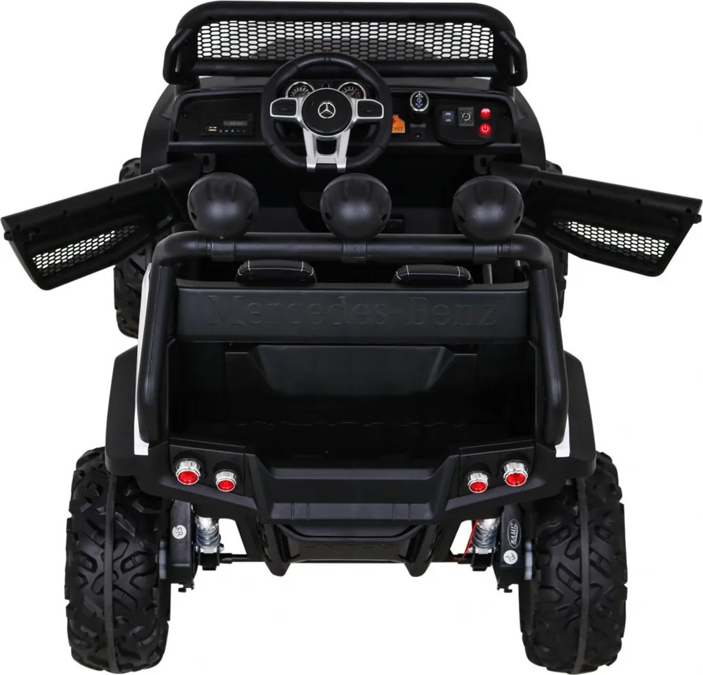Ramiz Mercedes Benz Unimog pre deti biely + pohon 4x4 + diaľkové ovládanie + nosič batožiny + pomalý štart + MP3 LED