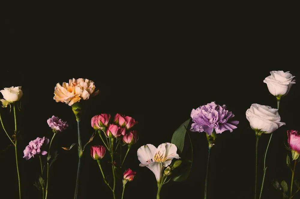 Samolepiaca fototapeta rozmanitosť kvetov na tmavom pozadí