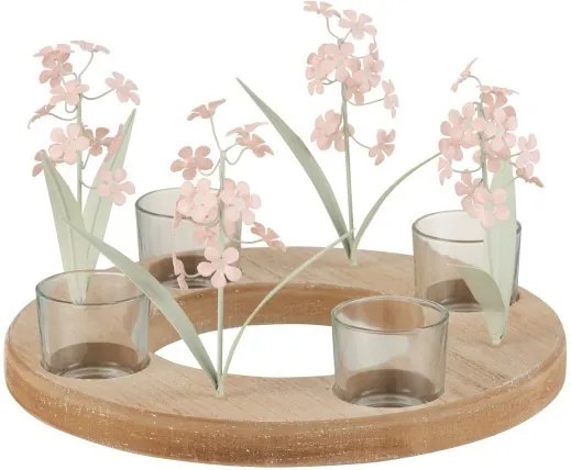 Hnedý drevený svietnik na štyri čajové sviečky s ružovými sklenenými květinami- 26 * 26 * 16 cm