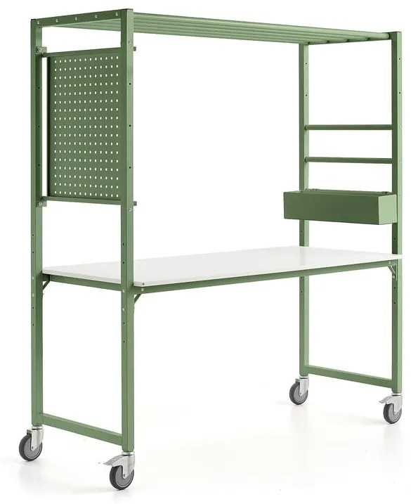 Mobilný multifunkčný stôl TEAMWORK, box na príslušenstvo, panel na náradie, zelená/biela