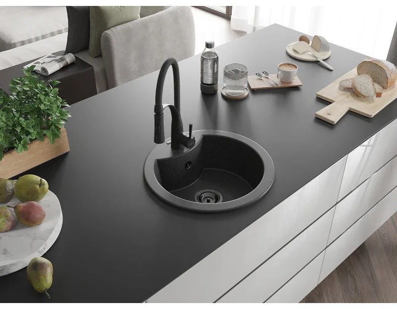 Mexen Diego, 1-komorový granitový drez 488x488x167 mm a drezová batéria Aster, čierna škvrnitá, 6512-76-73450-70-B