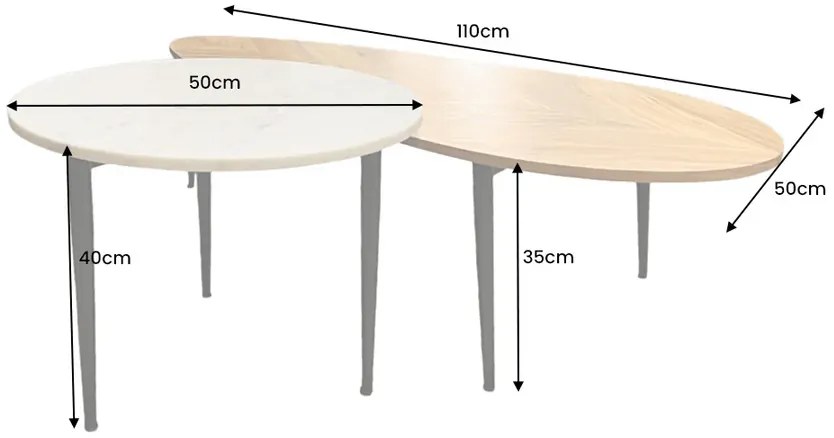 Konferenčný stolík ADLON, sada 2 kusov, akáciové drevo, prírodné a mramorové, biele