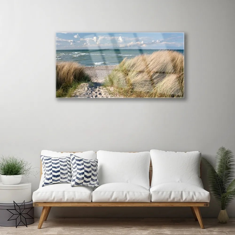 Skleneny obraz Pláž more tráva krajina 125x50 cm