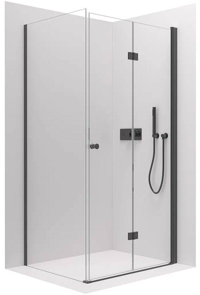 Cerano Volpe, sprchovací kút so skladacími dverami 80(dvere) x 70(stena), 6mm číre sklo, čierny profil, CER-CER-427315