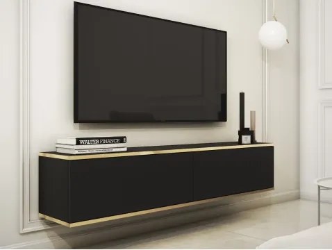 Závesná TV skrinka Orfeo, 135 cm, čierna / zlatá%