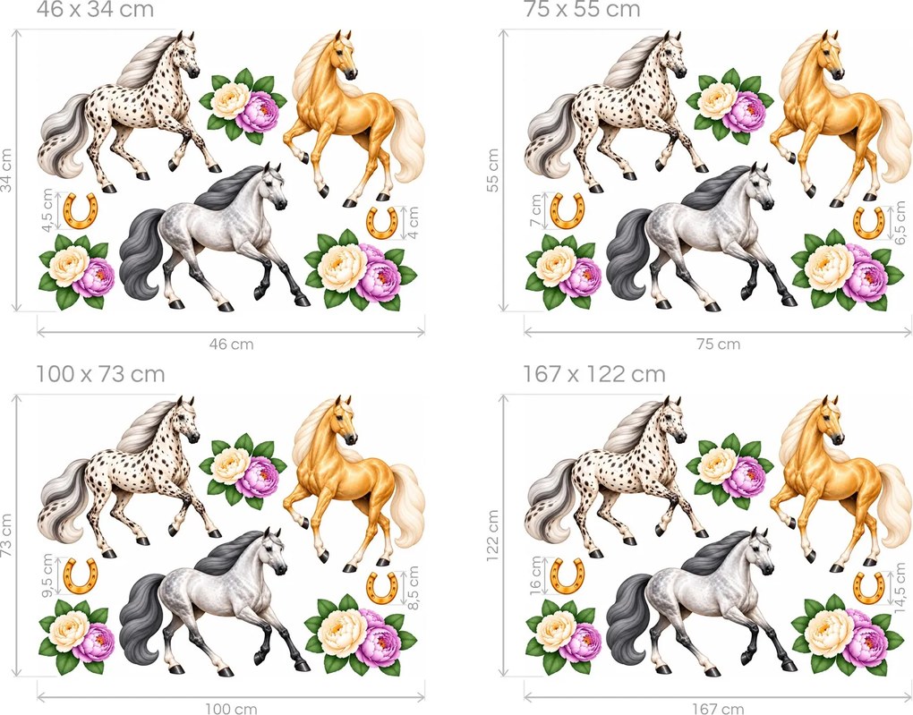 Tri kone v kluse s pivonkami romantické koňské nálepky na stenu arch 46 x 34 cm