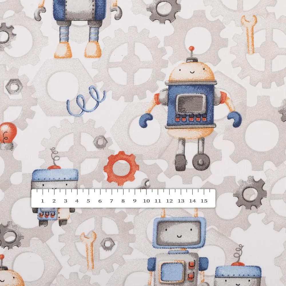 Detská bavlnená látka/plátno Sandra SA-584 Svet robotov na sivo-bielom - šírka 160 cm