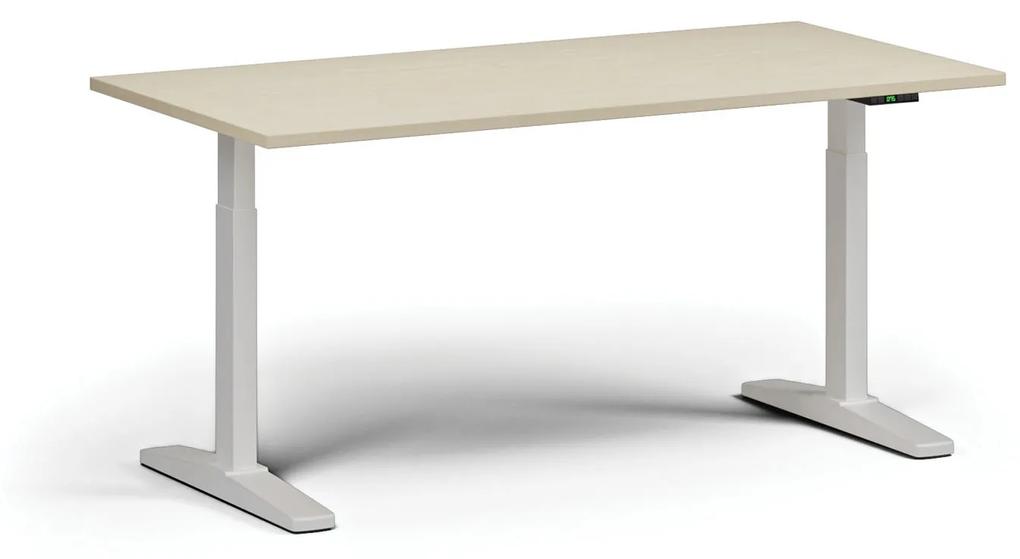Výškovo nastaviteľný stôl, elektrický, 675-1325 mm, doska 1600x800 mm, biela podnož, dub prírodný