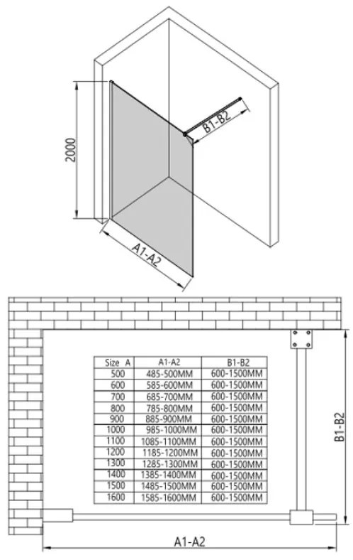 Erga Paris, sprchová zástena Walk-In 130x200 cm, 8mm číre sklo, čierny profil, ERG-V02-PARIS-130x200-CL-BK