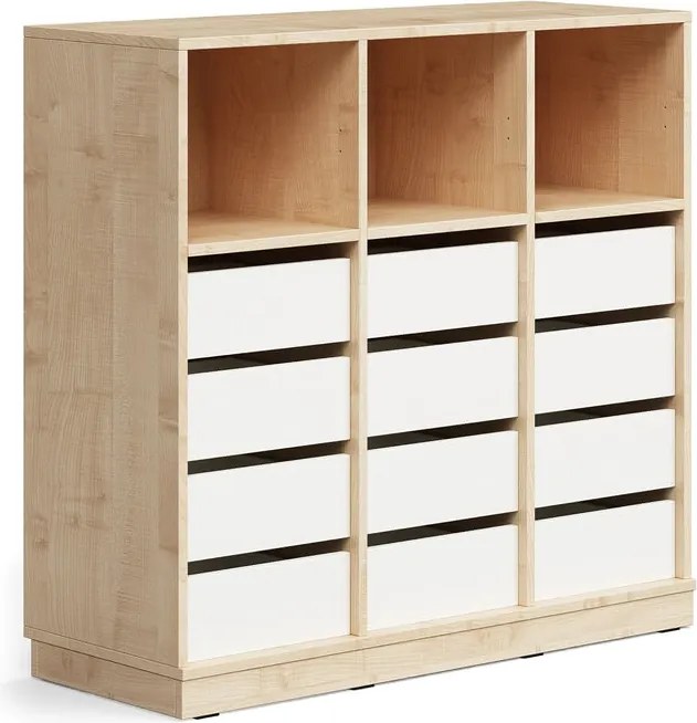 Úložná skrinka CASPER, 12 zásuviek, 3 horné priehradky, so soklom, breza/biela