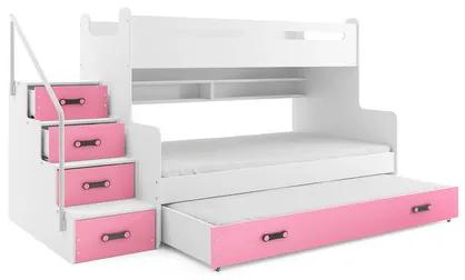 Detská poschodová posteľ MAX III s výsuvnou posteľou 80x200 cm - biela Ružová