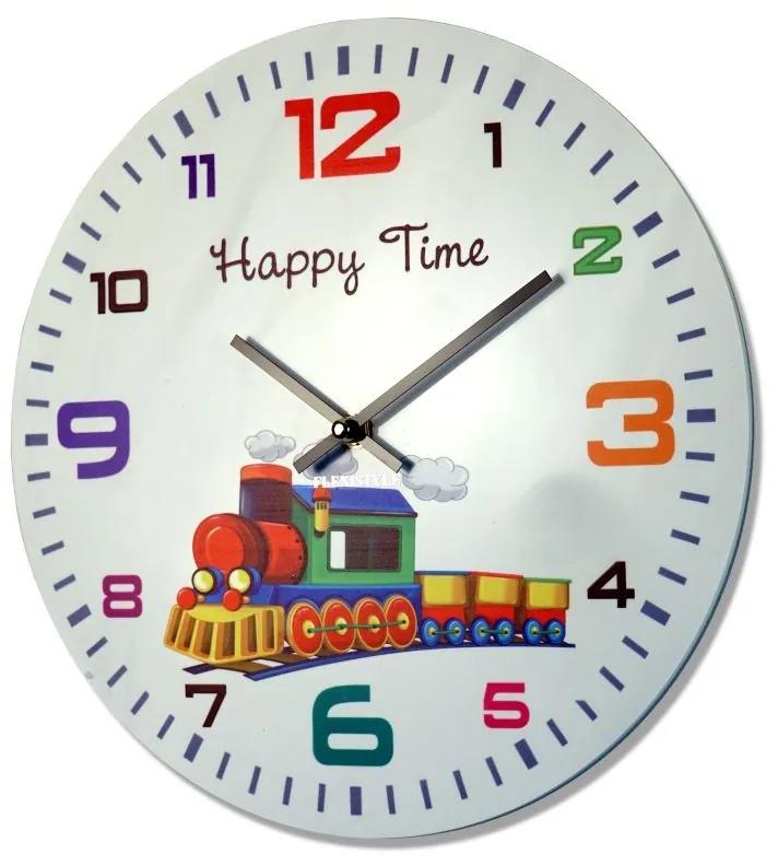 HAPPY TIME nástenné hodiny pre deti v bielej farbe s vláčikom
