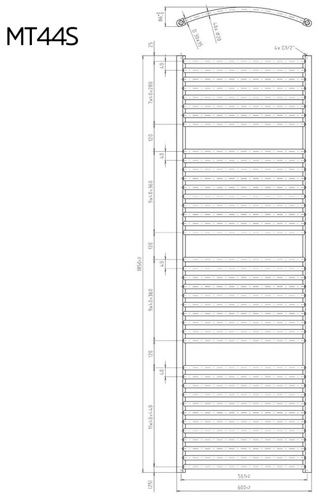 Mereo Mereo, Vykurovací rebrík, 600x1850 mm, 1452 W, oblý, biely, stredové pripojenie, MER-MT44S