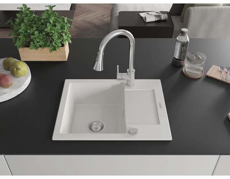 Mexen Enzo, 1-komorový granitový drez 576x465x174 mm a drezová batéria Elia, biela, 6506-20-670101-00