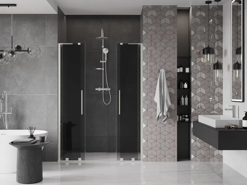Mexen Velar L Duo, posuvné sprchové dvere do otvoru 160 cm, 8mm šedé sklo, brúsená oceľ, 871-160-003-42-97