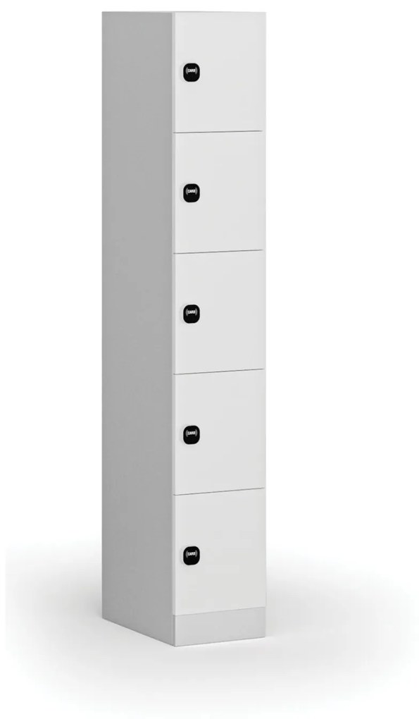 Šatníková skrinka s úložnými boxmi, 5 boxov, 1850 x 300 x 500 mm, zámok s čítačkou RFID kariet, laminované dvere, biela