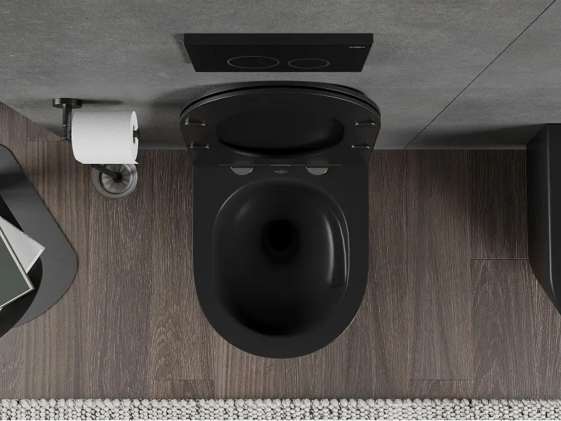 Mexen Rico, závesná WC misa 490x360x370 mm, Rimless Tornádo + WC sedadlo z duroplastu, čierna matná, 30721085T