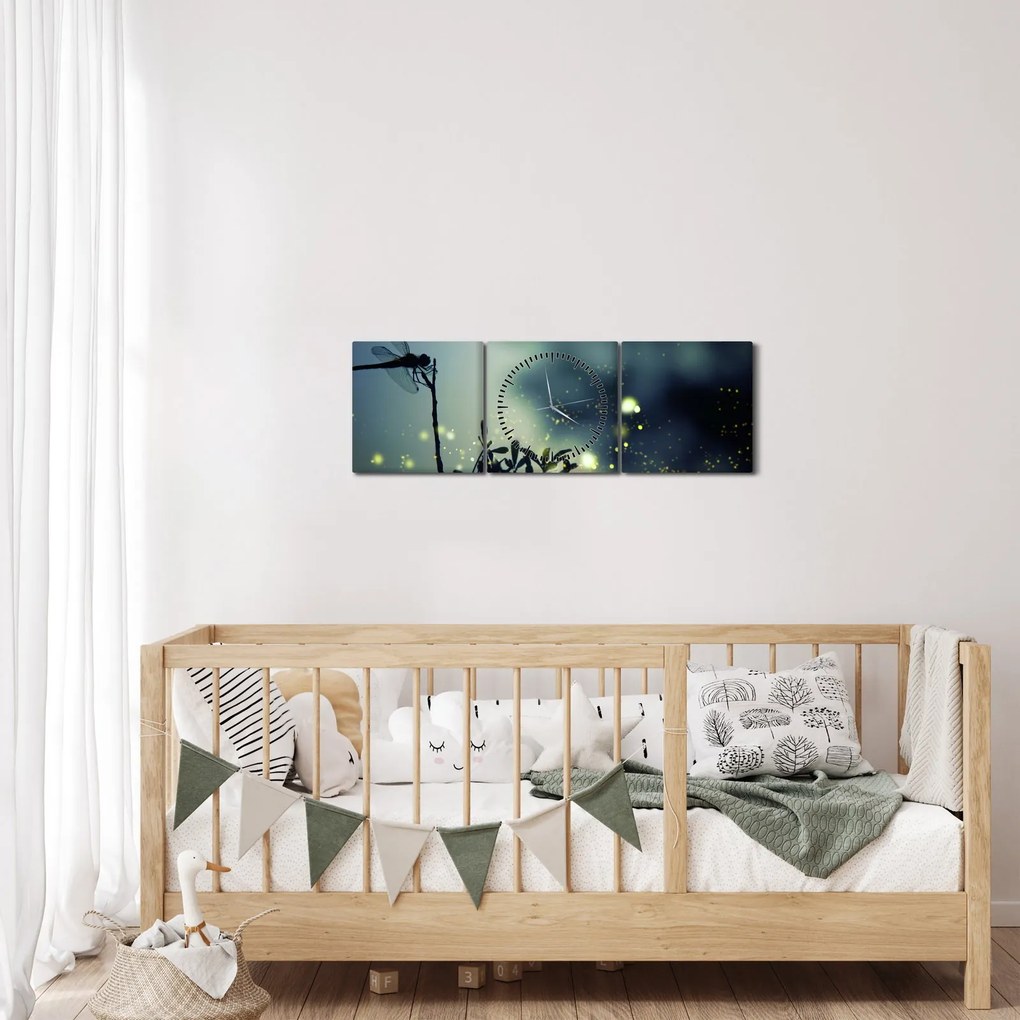 Obraz - Vážka za trblietavej noci (s hodinami) (90x30 cm)