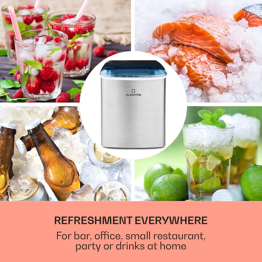 Klarstein On-The-Rocks, výrobník ľadu, 12 kg/24 h, nádrž 2,1 l, LED, nehrdzavejúca oceľ, čierny